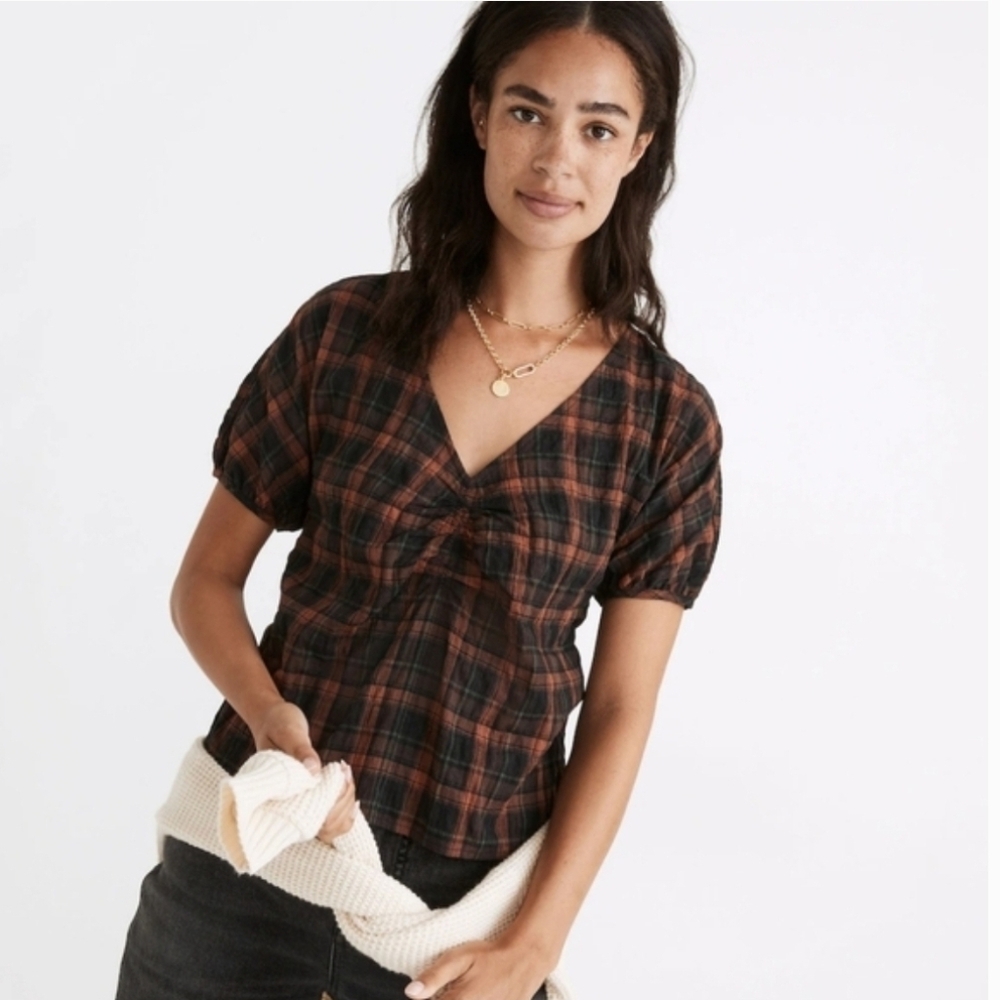 Madewell Gathered V-Neck Top in Plaid Sz XS
